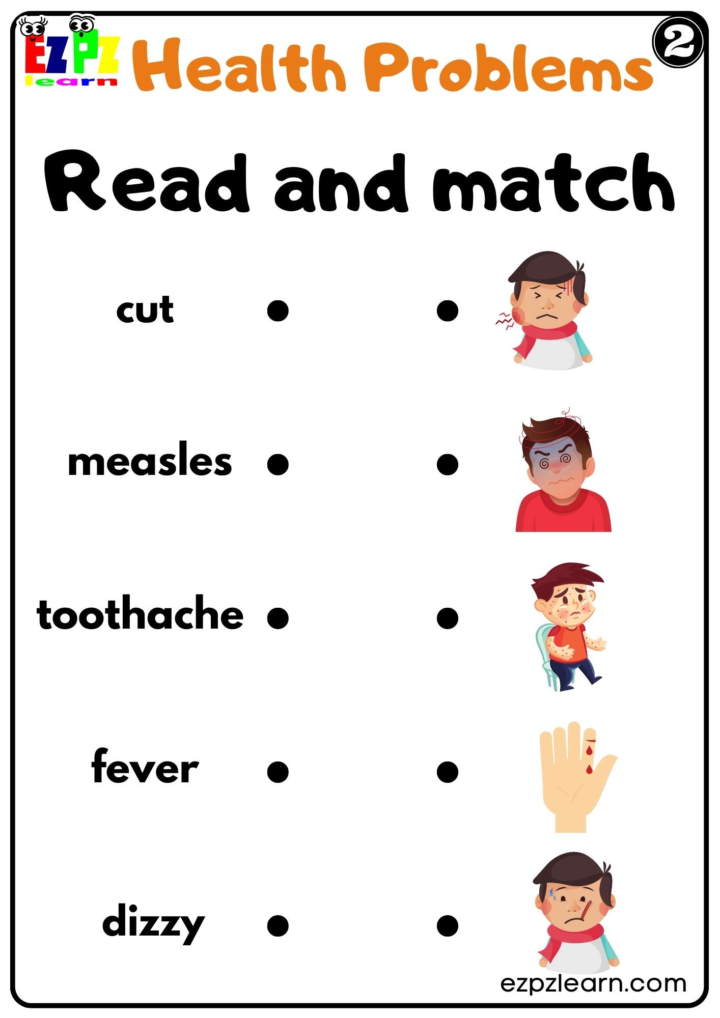 Health Problems Read and Match Worksheet for K5 Kids and ESL Students Free PDF Download Set 2